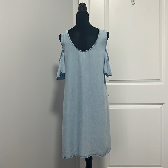 Noisy May Womens Chambray Open Shoulder Ruffle Tencel Dress Short Sleeve Blue M - Picture 5 of 8